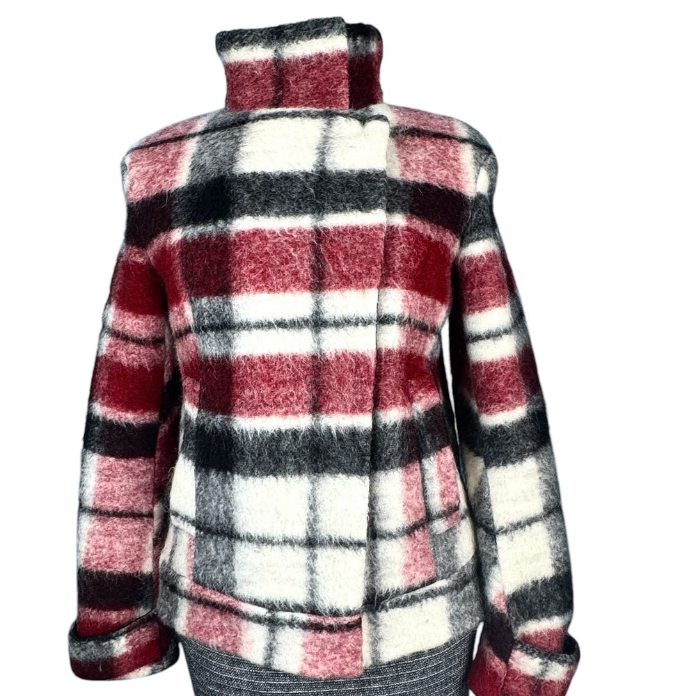 Zara Wool‎ Mohair Jacket Maroon/Black/White Plaid Asymmetric Snap Close Womens S